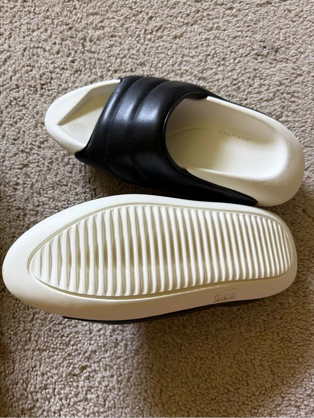 Balmain Black Leather Slides with White Sole and Gold Logo